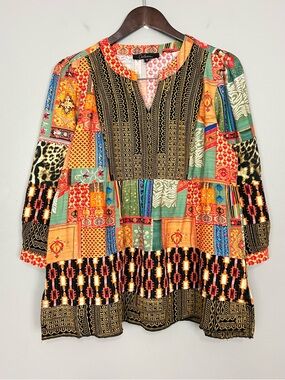 Calessa Embroidered Patchwork Blouse Women’s Size M Lantern Sleeves Colorful
